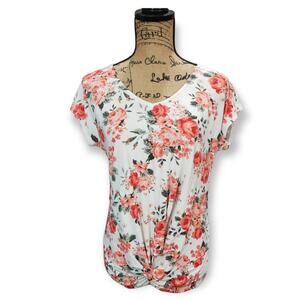 Bobbie Brooks Floral Print Lace Back w. Front Knot Short Sleeved Shirt